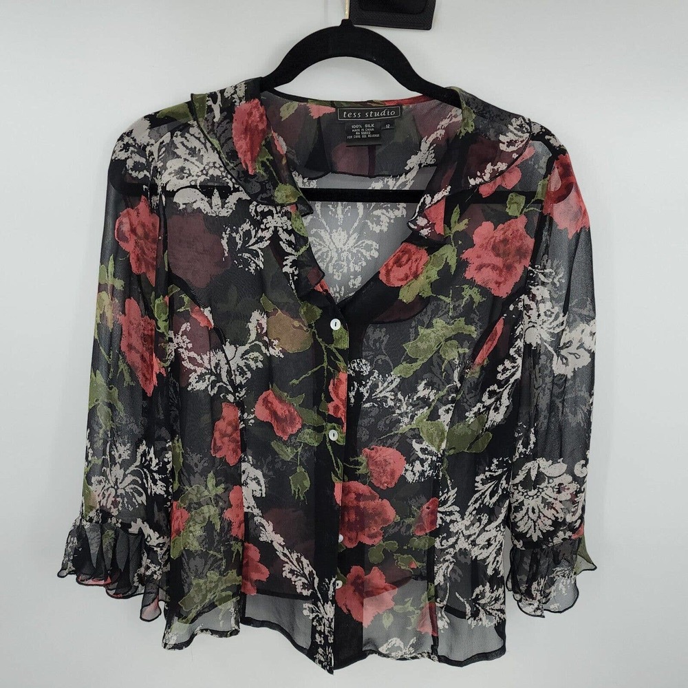 Tess Studio Sz 12 100% Silk Sheer Ruffled Blouse Top Long Sleeve Black Floral
